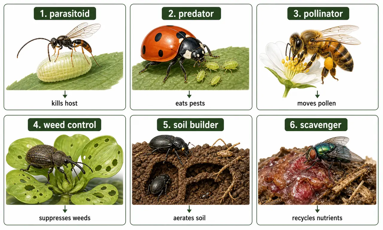 Beneficial insect roles comparison showing parasitoid predator pollinator weed control soil builder and scavenger functions
