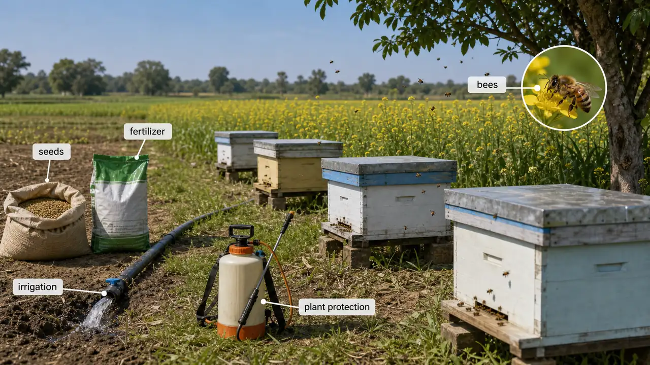 Honey bee colonies placed in a flowering crop field to show beekeeping as the fifth agricultural input