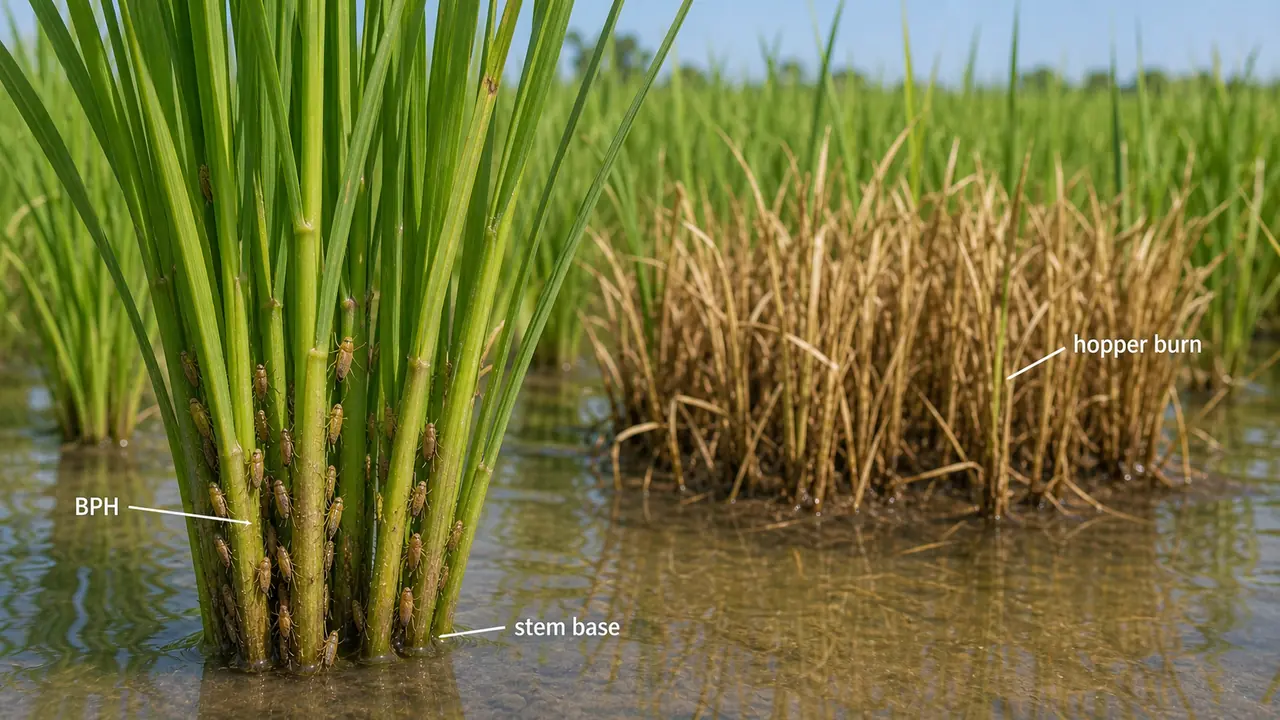 Brown plant hopper damage in rice showing Nilaparvata lugens clustered at the stem base and hopper burn in a nearby patch