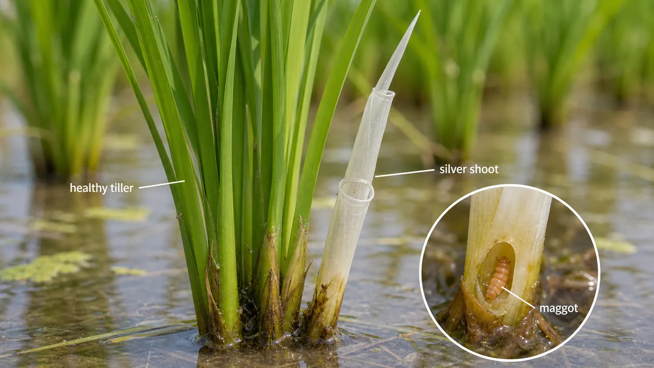 Rice gall midge silver shoot symptom showing a healthy tiller beside a silvery onion-needle shoot and a maggot at the base