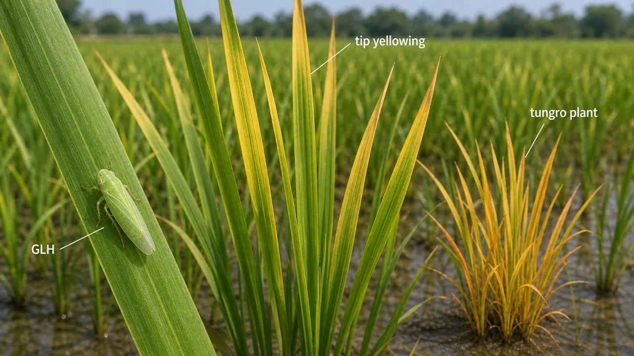 Green leafhopper on rice with tip yellowing and a stunted tungro-affected plant in the background