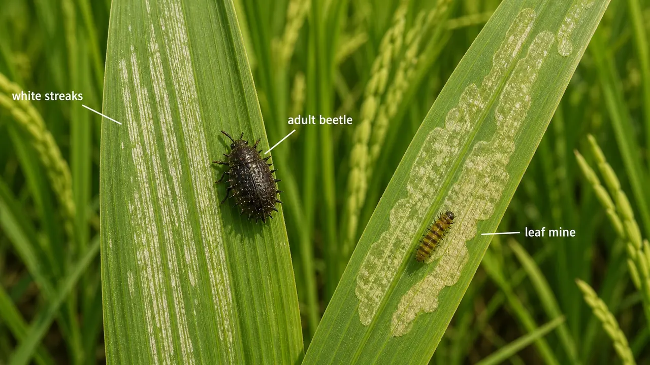 Rice hispa damage showing a spiny Dicladispa armigera beetle, white scraping streaks, and transparent leaf mines
