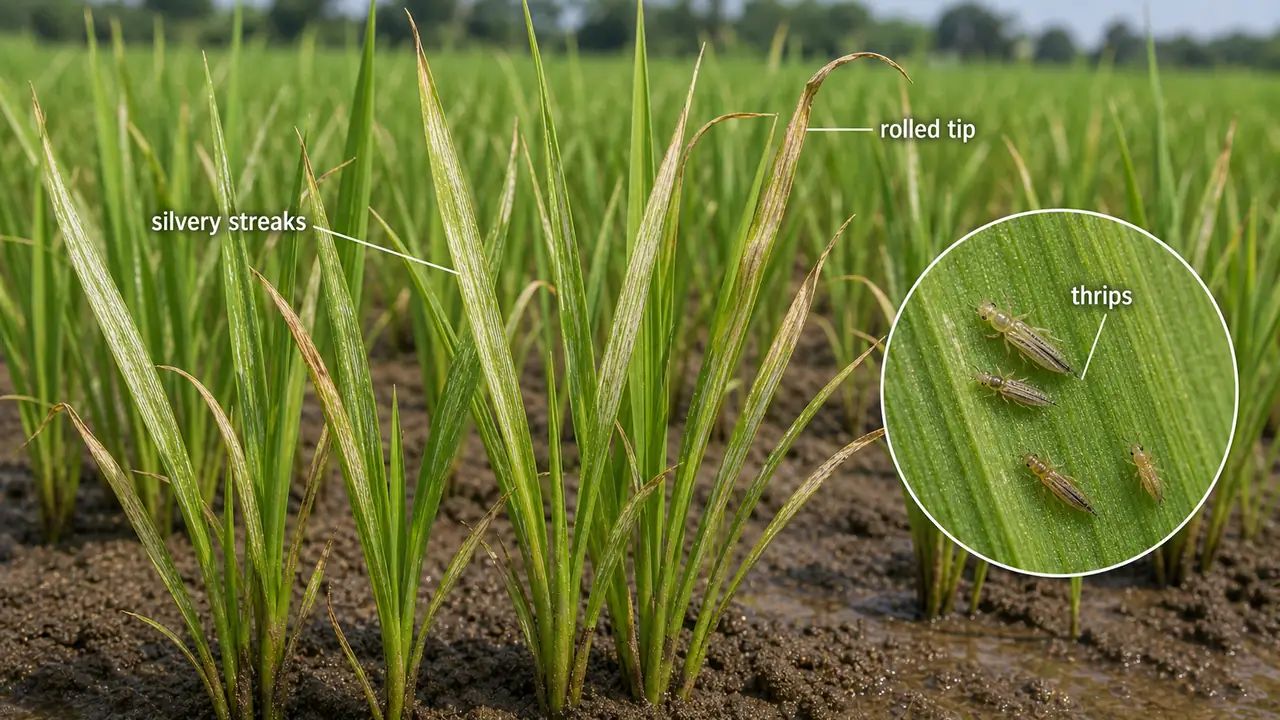 Rice thrips injury in nursery seedlings showing silvery streaks, rolled leaf tips, and thrips on the leaf surface