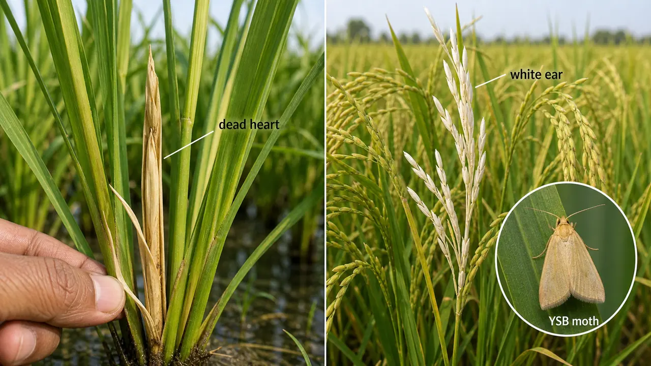 Yellow stem borer damage in rice showing dead heart at vegetative stage and white ear at reproductive stage with a Scirpophaga incertulas moth inset