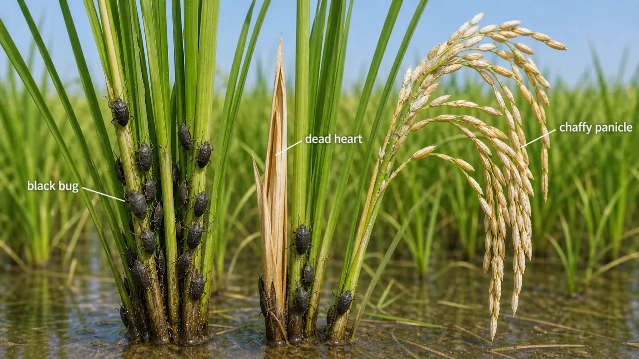 Rice black bug damage showing dark Scotinophara bugs on the outside of rice stems with dead heart and chaffy panicle symptoms