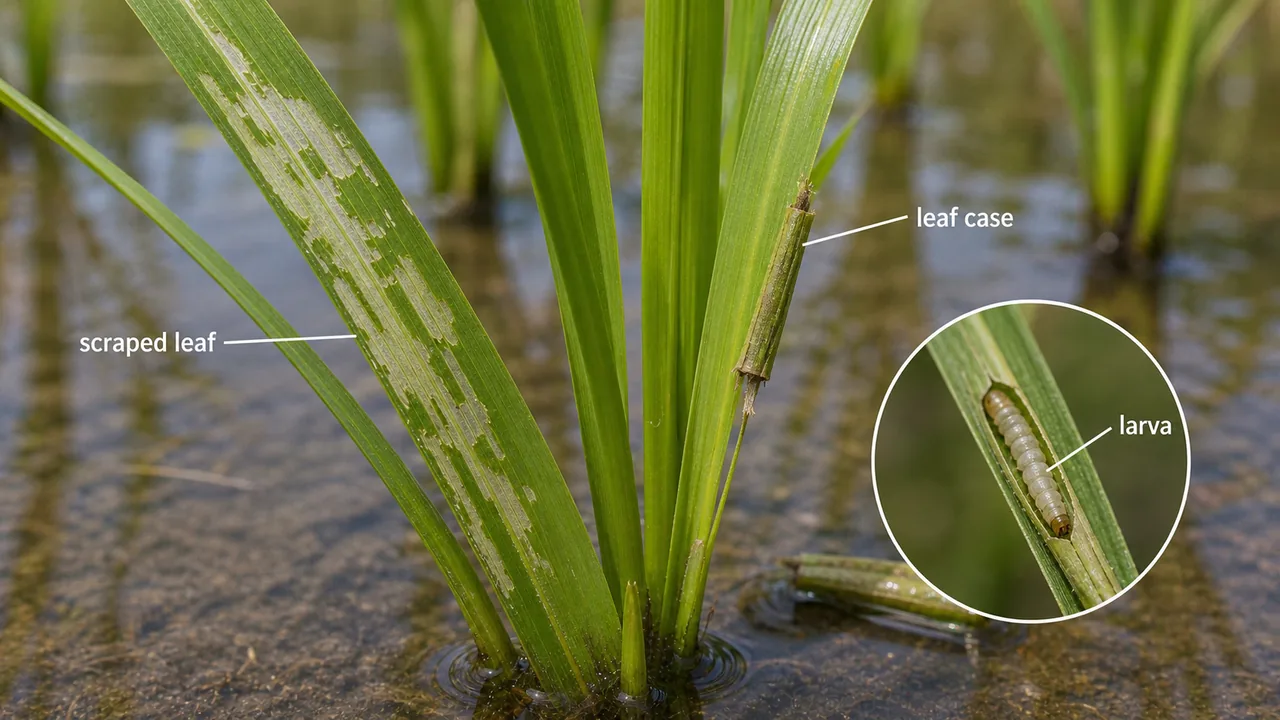 Rice case worm damage showing a larva inside a tubular leaf case and scraped translucent rice leaves in shallow water