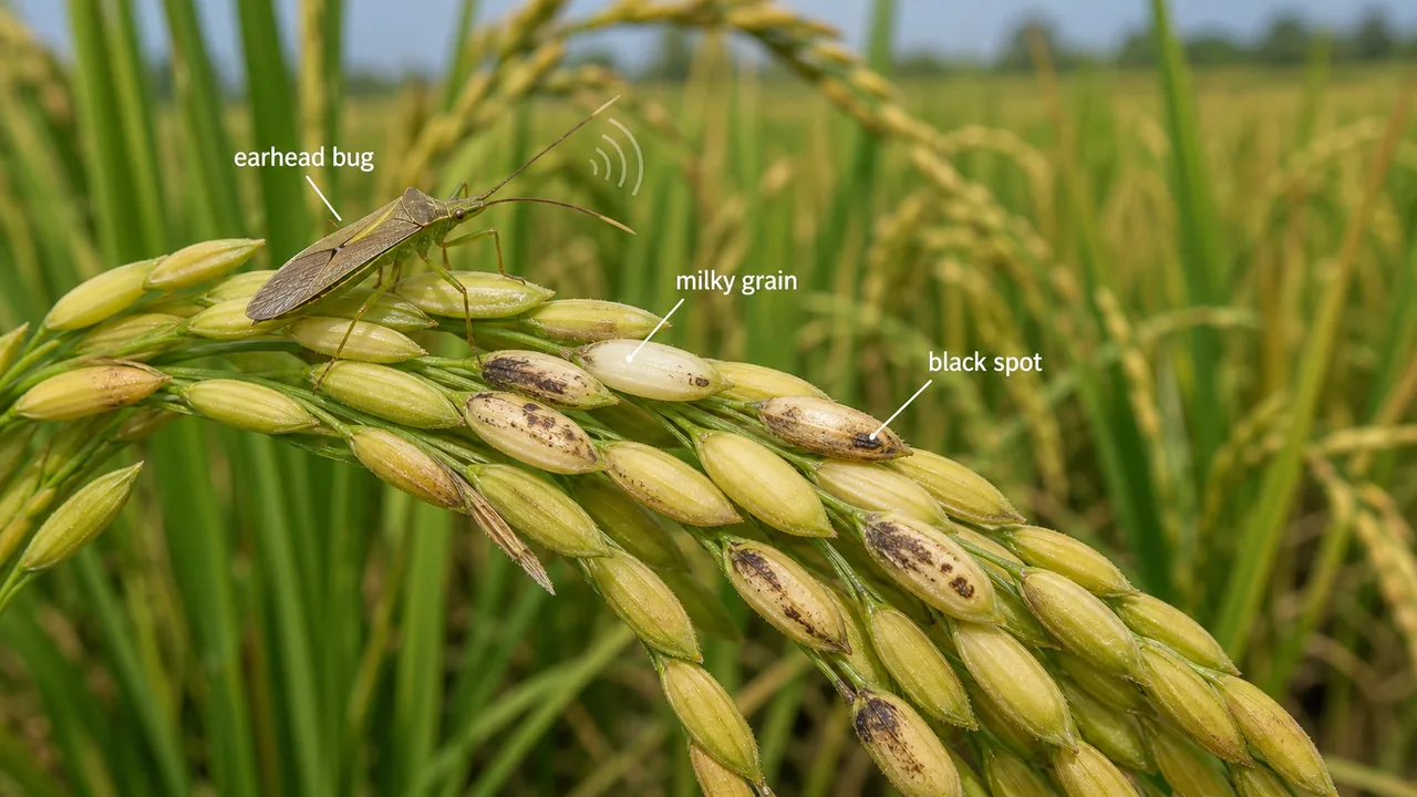 Rice earhead bug feeding on milky rice grains with black feeding spots and chaffy kernels