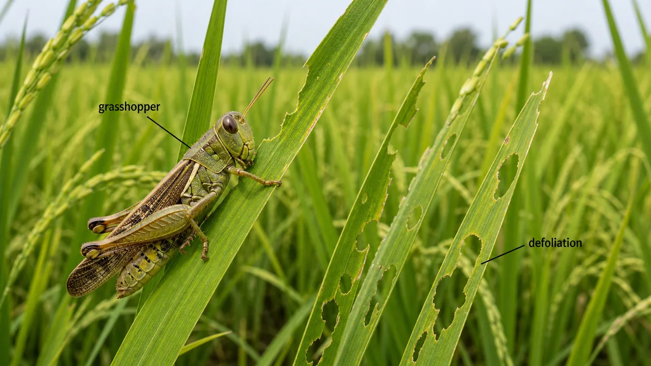 Grasshopper feeding on rice leaves and causing defoliation in the crop canopy