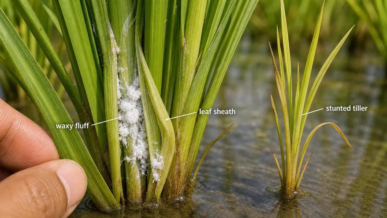 Rice mealy bug in the leaf sheath showing white waxy Brevennia rehi fluff around the stem and a stunted tiller
