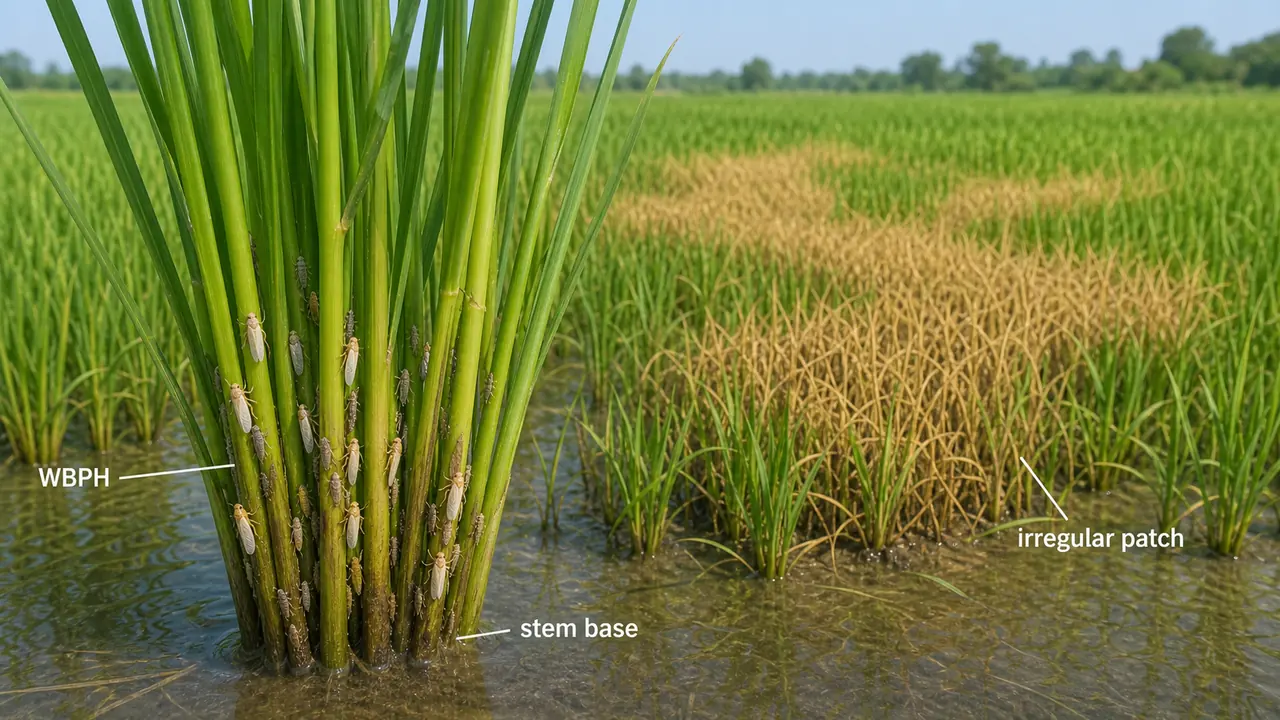 White-backed planthopper damage in rice showing Sogatella furcifera near the stem base and an irregular hopper-burn patch