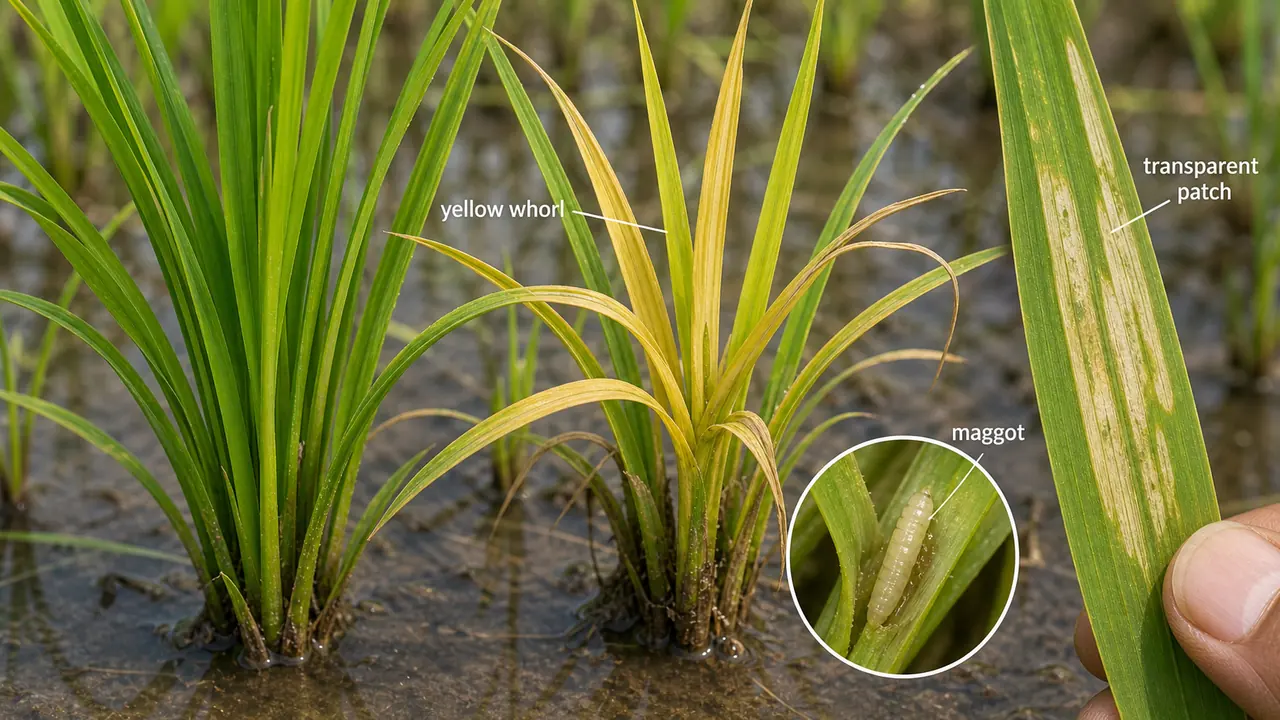 Rice whorl maggot damage showing yellowing central whorl leaves and transparent patches on unfolded leaves