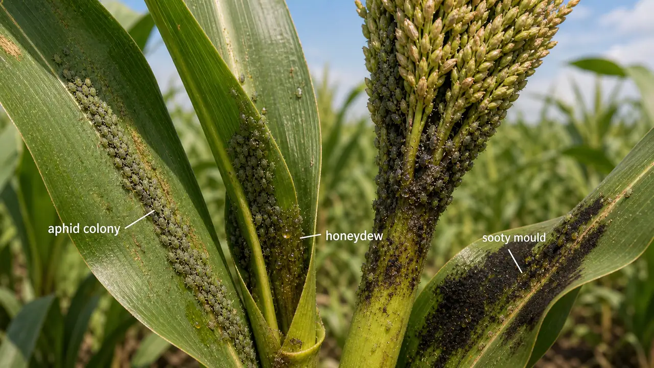 Sorghum aphid colonies on leaves and whorl showing honeydew and black sooty mould