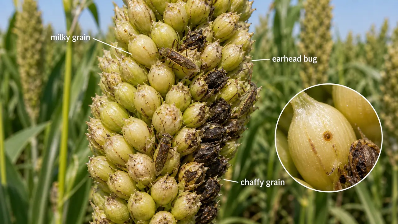 Sorghum earhead bug feeding on milky grains and causing chaffy blackened kernels on the earhead