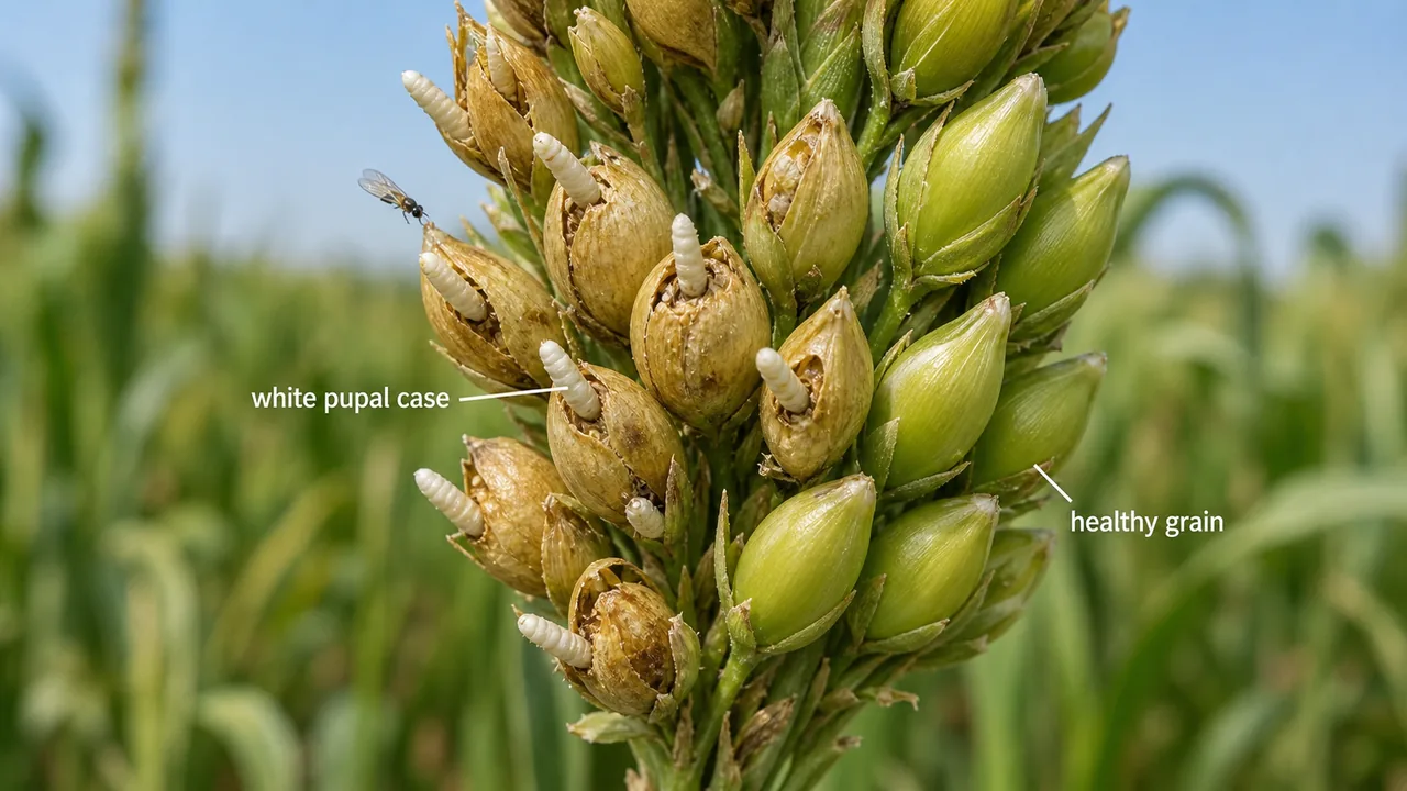 Sorghum midge damage showing white pupal cases protruding from damaged sorghum grains