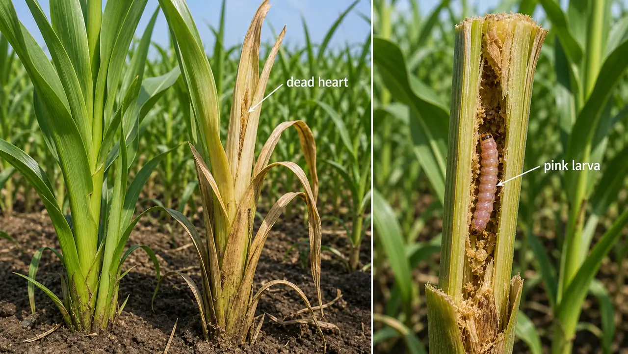 Pink stem borer in sorghum showing a pink Sesamia inferens larva inside the stem and a dead-heart tiller