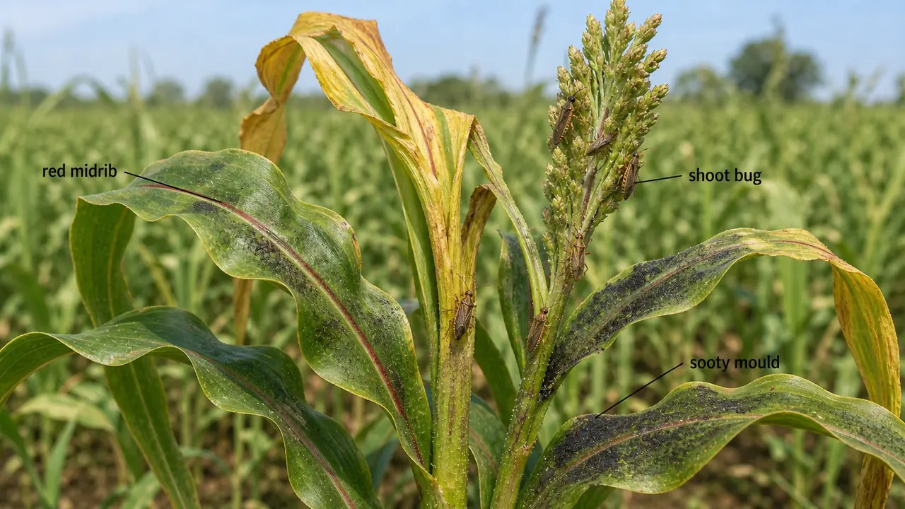 Sorghum shoot bug injury showing red leaf midribs, sooty mould, and stunted yellowing plants