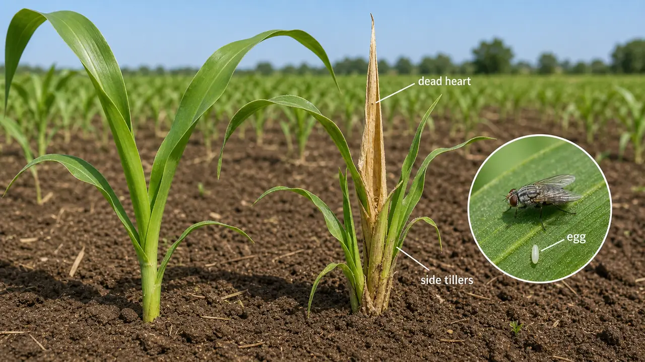 Sorghum shoot fly damage showing dead heart, side tillers, and a cigar-shaped egg on a sorghum seedling
