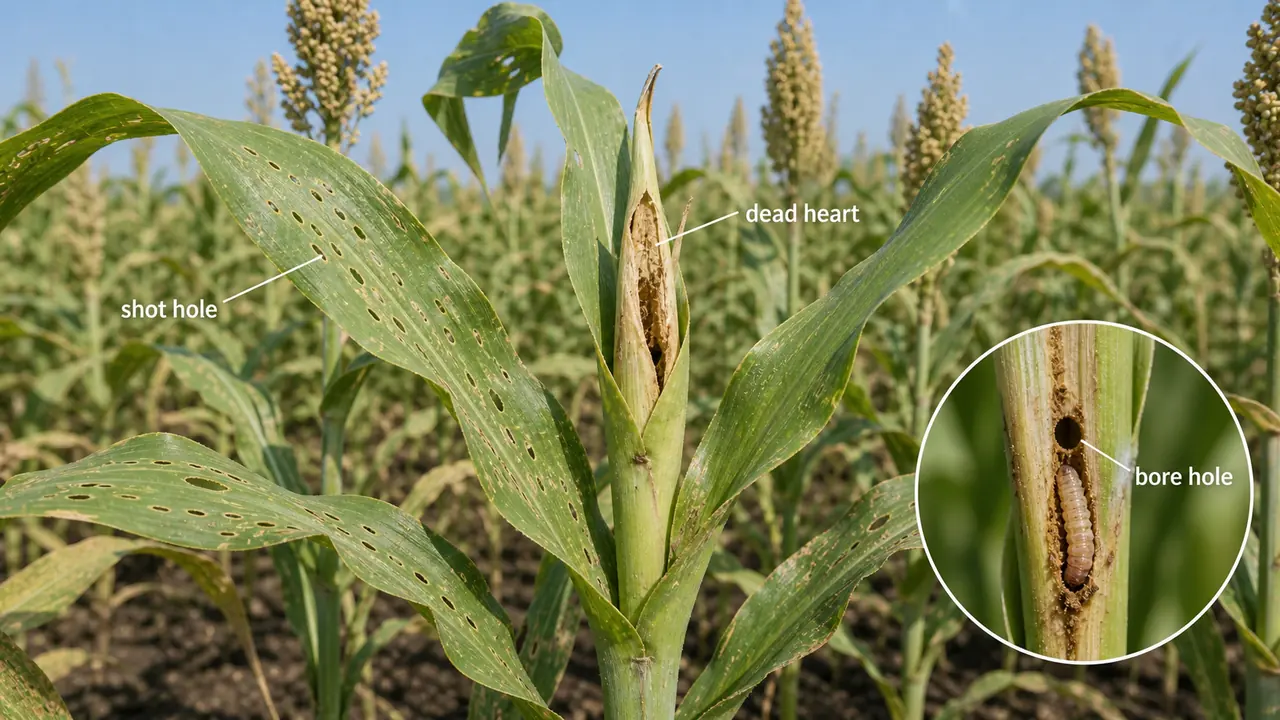 Sorghum stem borer damage showing shot holes, dead heart, and a bore hole near the node