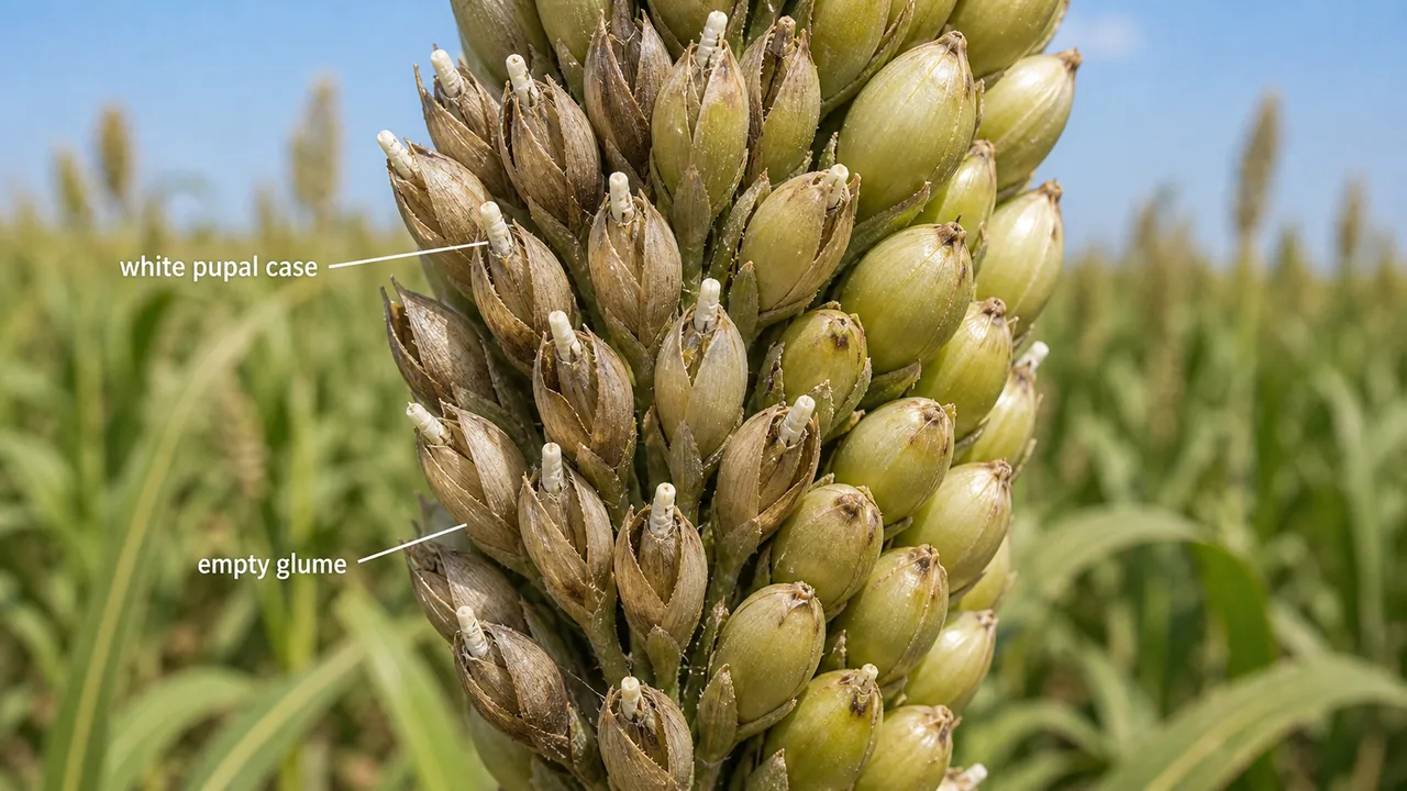 Pearl millet grain midge damage showing empty glumes and white pupal cases at the spikelet tips