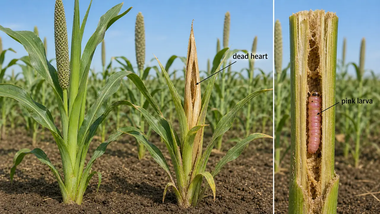 Pearl millet pink stem borer damage showing a dead-heart tiller and a pink Sesamia inferens larva inside the stem