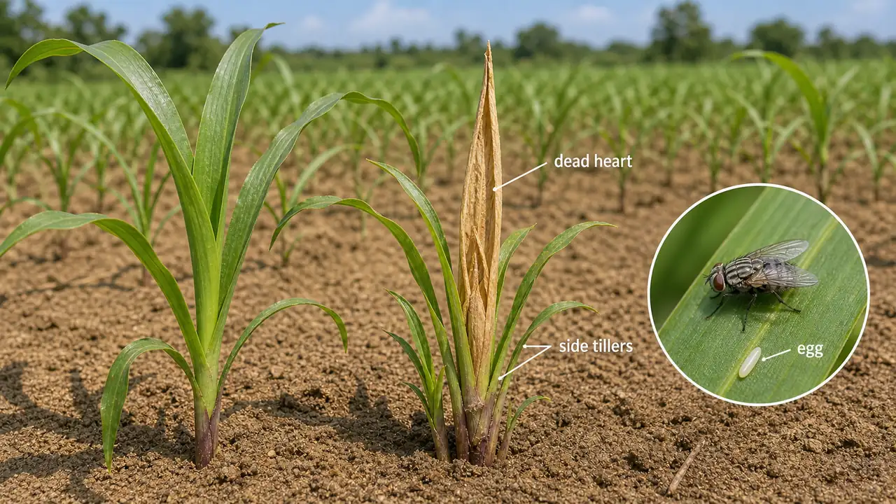 Pearl millet shoot fly damage showing dead heart, side tillers, and a cigar-shaped egg on a bajra seedling
