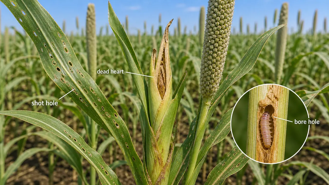 Pearl millet stem borer damage showing shot holes, dead heart, and a bore hole on the bajra stem
