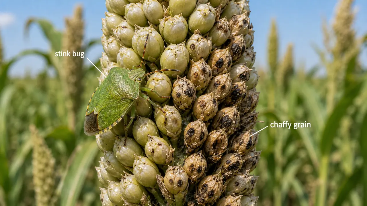 Pearl millet stink bug feeding on bajra grains and causing chaffy black-spotted kernels on the earhead