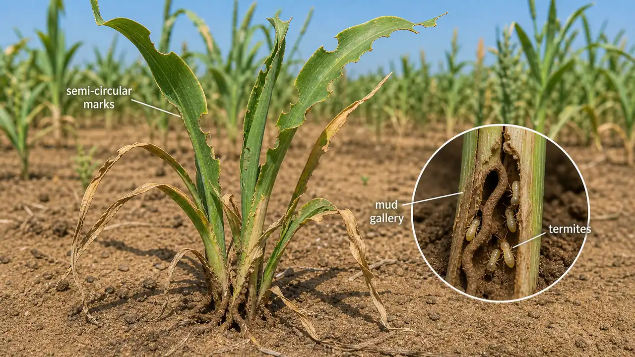 Pearl millet termite damage showing semi-circular leaf feeding marks, mud galleries, and termite workers in the lower stem