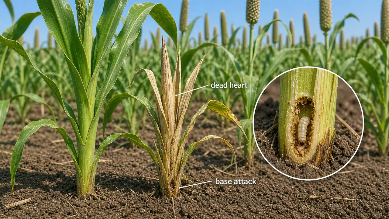 Pearl millet white borer damage showing dead heart from basal stem attack near the soil line