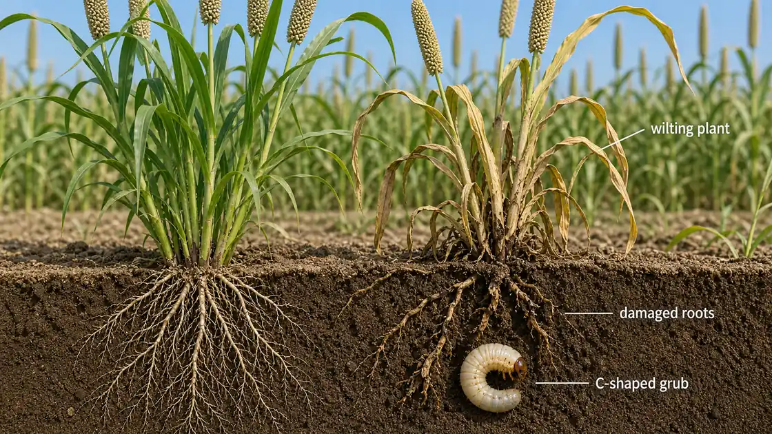 Pearl millet white grub damage showing a wilting bajra plant, damaged roots, and a C-shaped Holotrichia grub in sandy soil