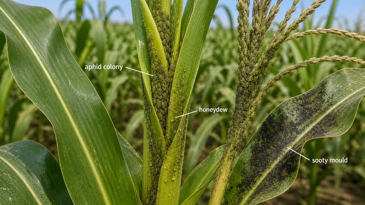 Maize aphid colonies in the whorl and tassel showing honeydew and black sooty mould