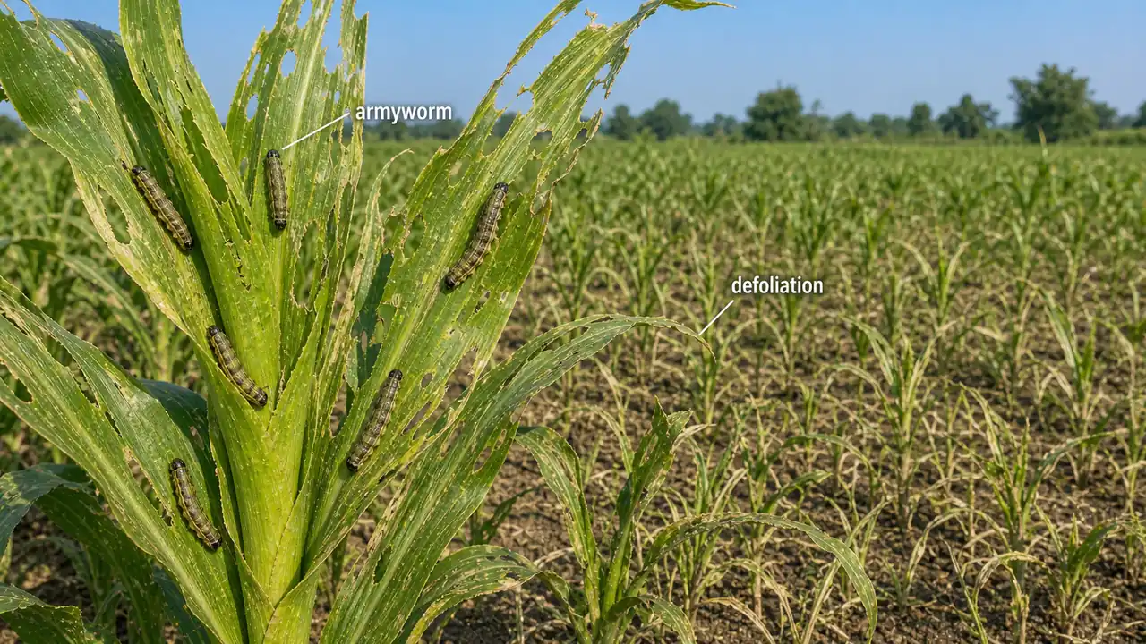 Maize armyworm damage showing severe defoliation and Mythimna caterpillars feeding across the foliage