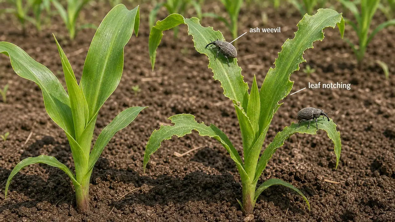 Ash weevil adults on young maize seedlings causing irregular leaf-margin notching