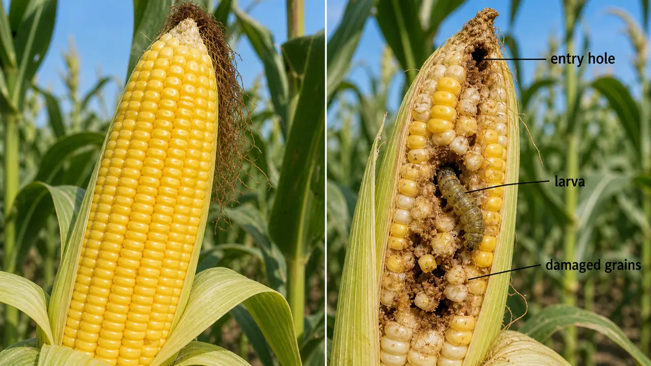Maize corn earworm damage showing a cob entry hole and a Helicoverpa larva feeding on developing grains