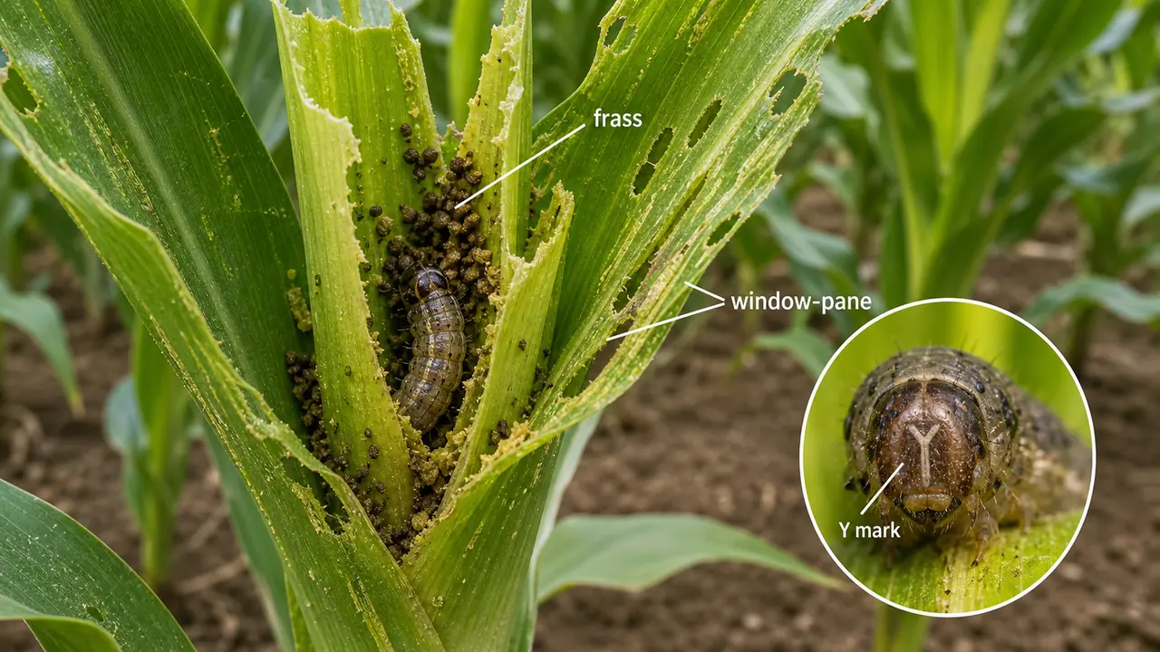 Fall armyworm damage in maize showing frass in the whorl, window-pane feeding, and a larva with an inverted Y mark on the head