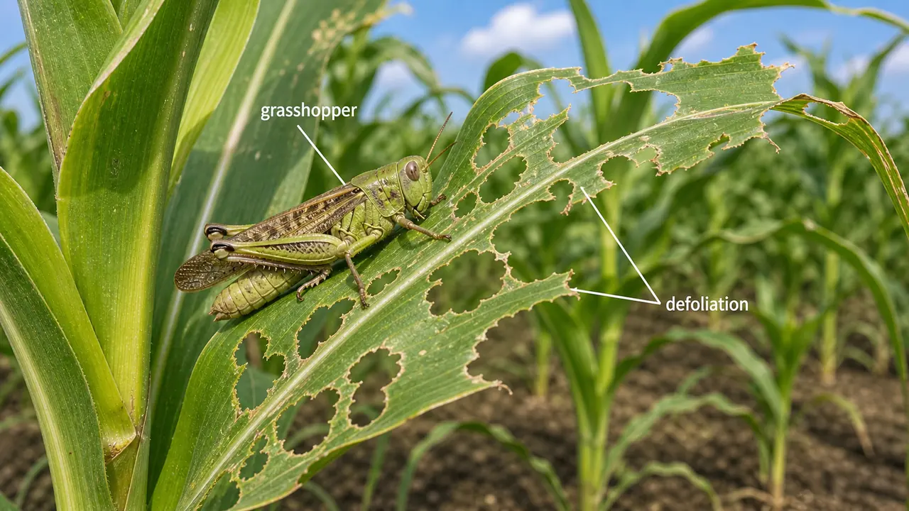 Grasshopper feeding on maize leaves and causing defoliation on the foliage