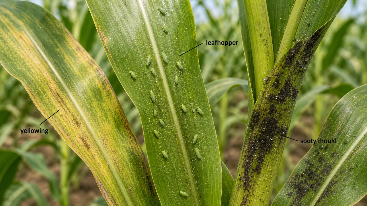 Maize leafhopper injury showing pyrilla insects, yellowing leaves, and black sooty mould on honeydew-coated surfaces