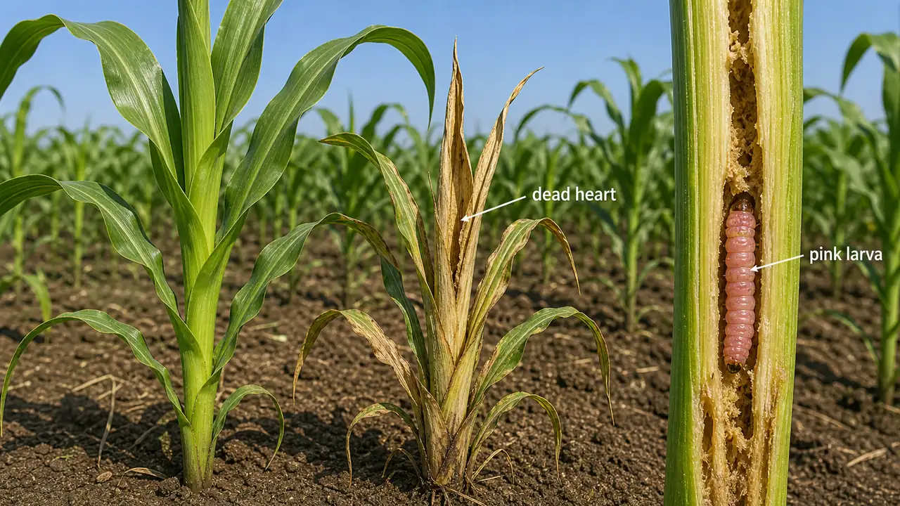 Maize pink stem borer damage showing a dead-heart plant and a pink Sesamia inferens larva inside the stem