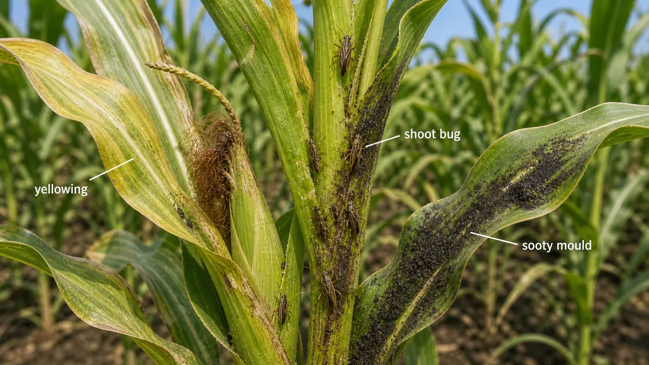 Maize shoot bug injury showing sap-sucking bugs, yellowed growth, and black sooty mould on leaves