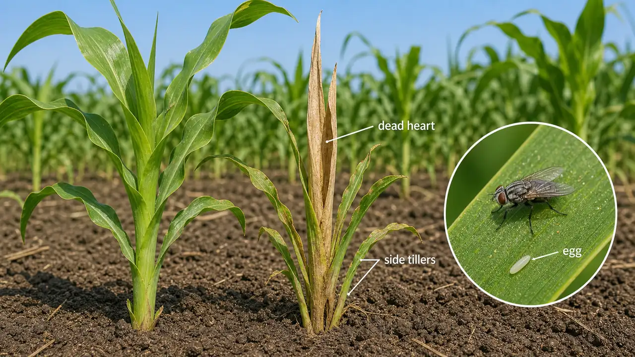 Maize shoot fly damage showing dead heart, side tillers, and a cigar-shaped egg on a maize seedling