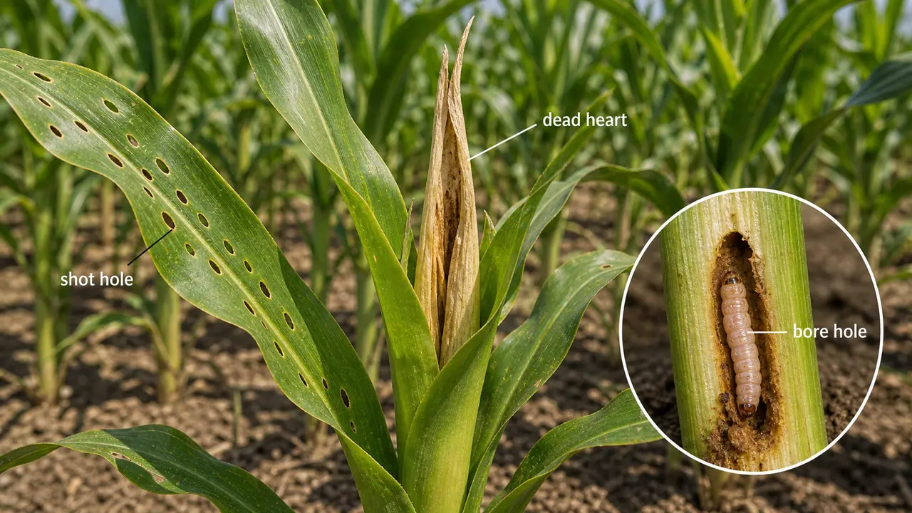 Maize stem borer damage showing shot holes, dead heart, and a bore hole on the stem