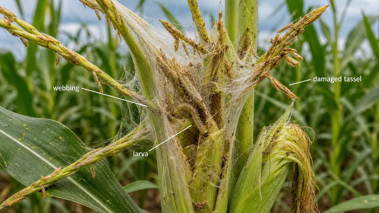Maize web worm damage showing tassel and ear parts tied with silk webbing and a larva feeding inside