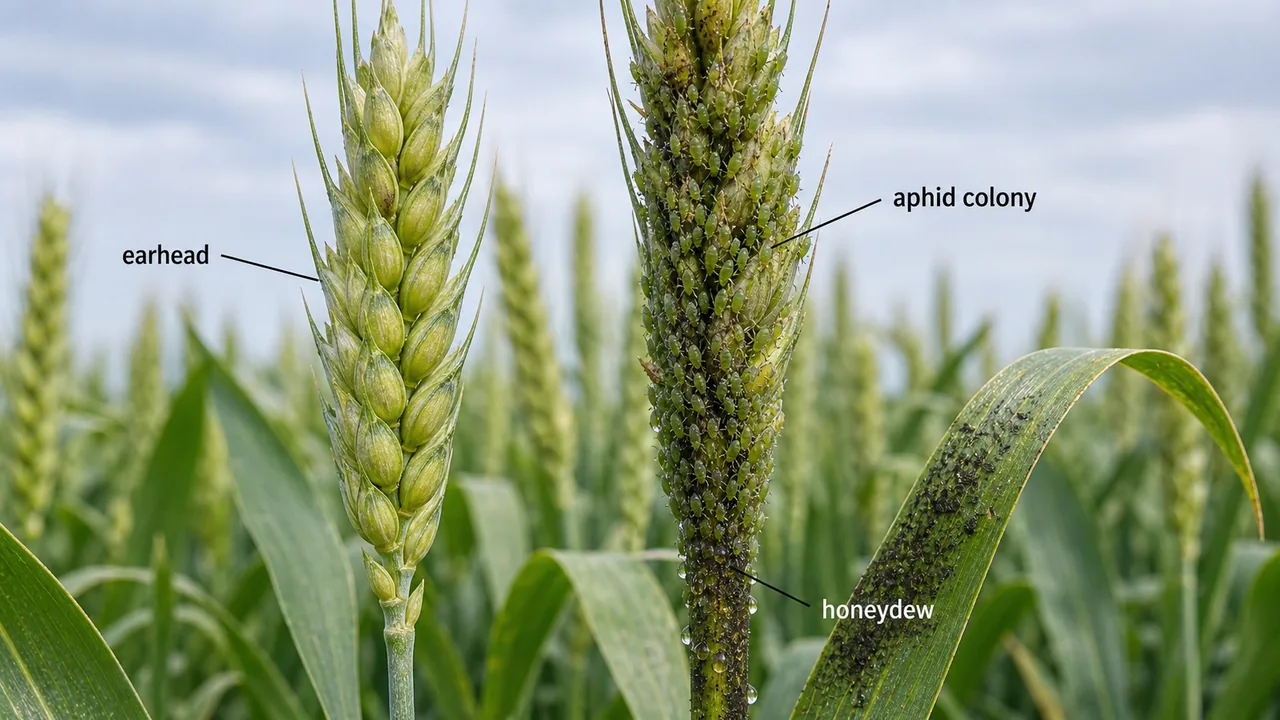 Wheat aphid colonies feeding on wheat earheads with honeydew and early sooty mould