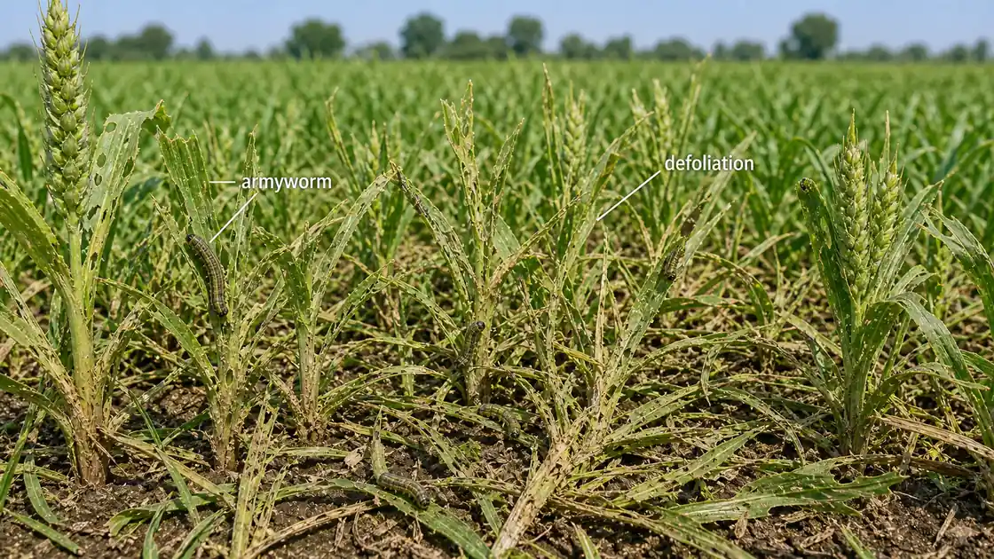 Wheat armyworm damage showing heavy defoliation and caterpillars leaving a field that looks grazed by cattle