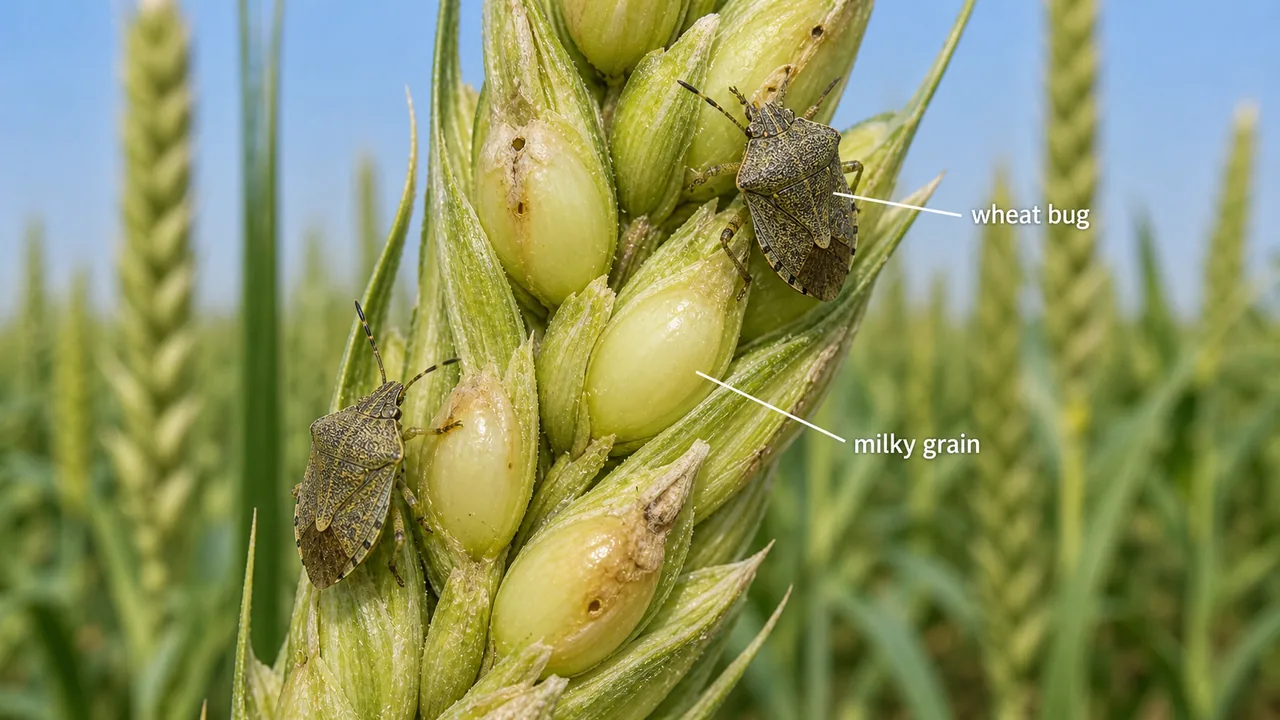 Wheat bug feeding on milky wheat grains in the earhead