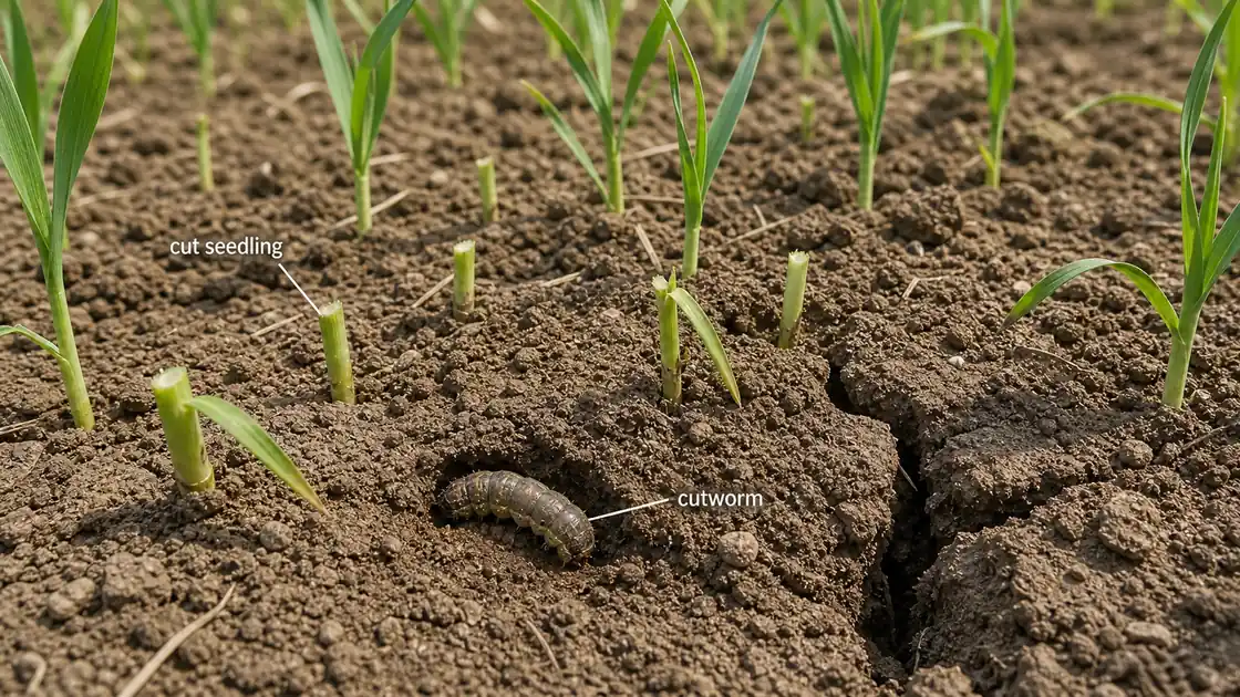 Wheat cutworm damage showing seedlings cut at ground level and a cutworm larva at the soil surface