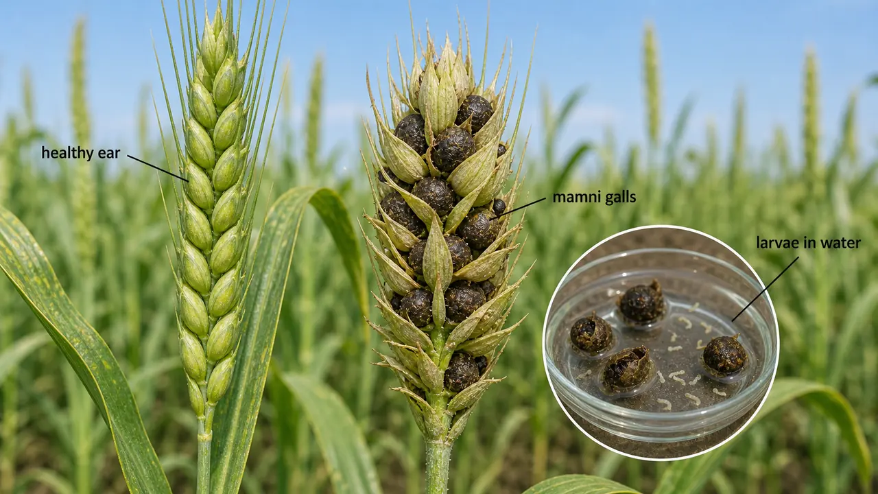 Wheat ear-cockle disease showing a healthy ear beside an Anguina-infested ear with mamni galls replacing grains