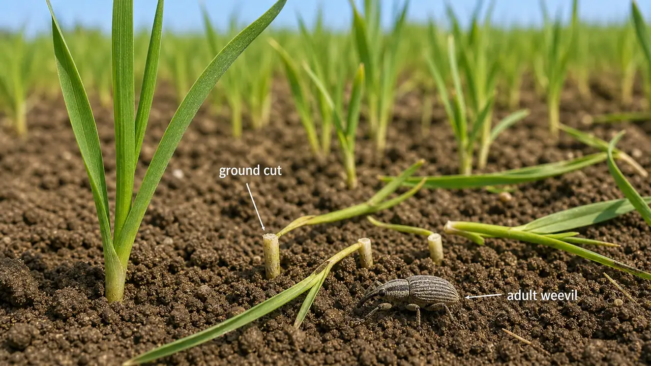 Ghujhia weevil damage on wheat seedlings showing ground-level cutting by adult Tanymecus weevils
