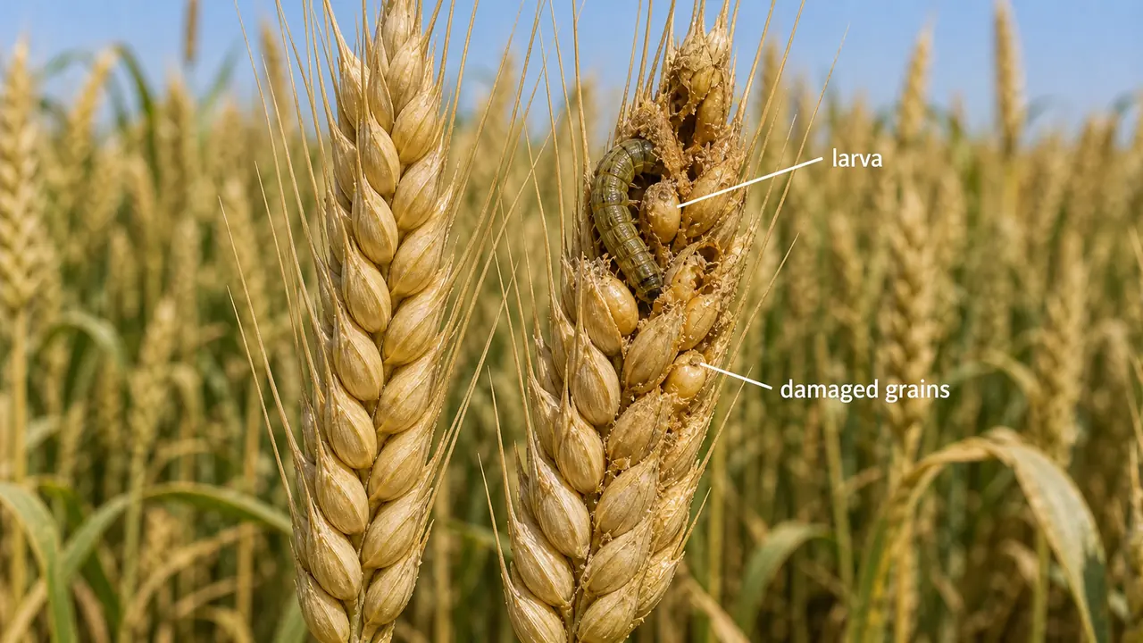 Helicoverpa larva feeding on grains in a mature wheat earhead