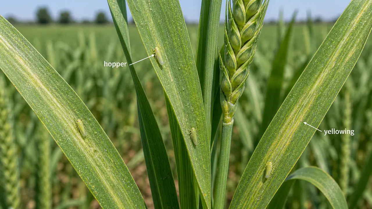 Wheat hopper injury showing small hoppers on leaves and pale yellowing from sap sucking